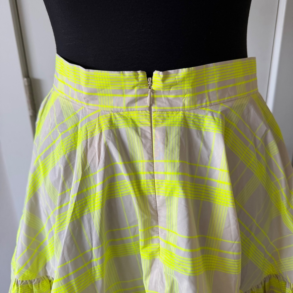 H&M Neon Yellow Plaid Tiered Ruffle Mini Skirt Flared Check Pockets Size 8 - Picture 5 of 11